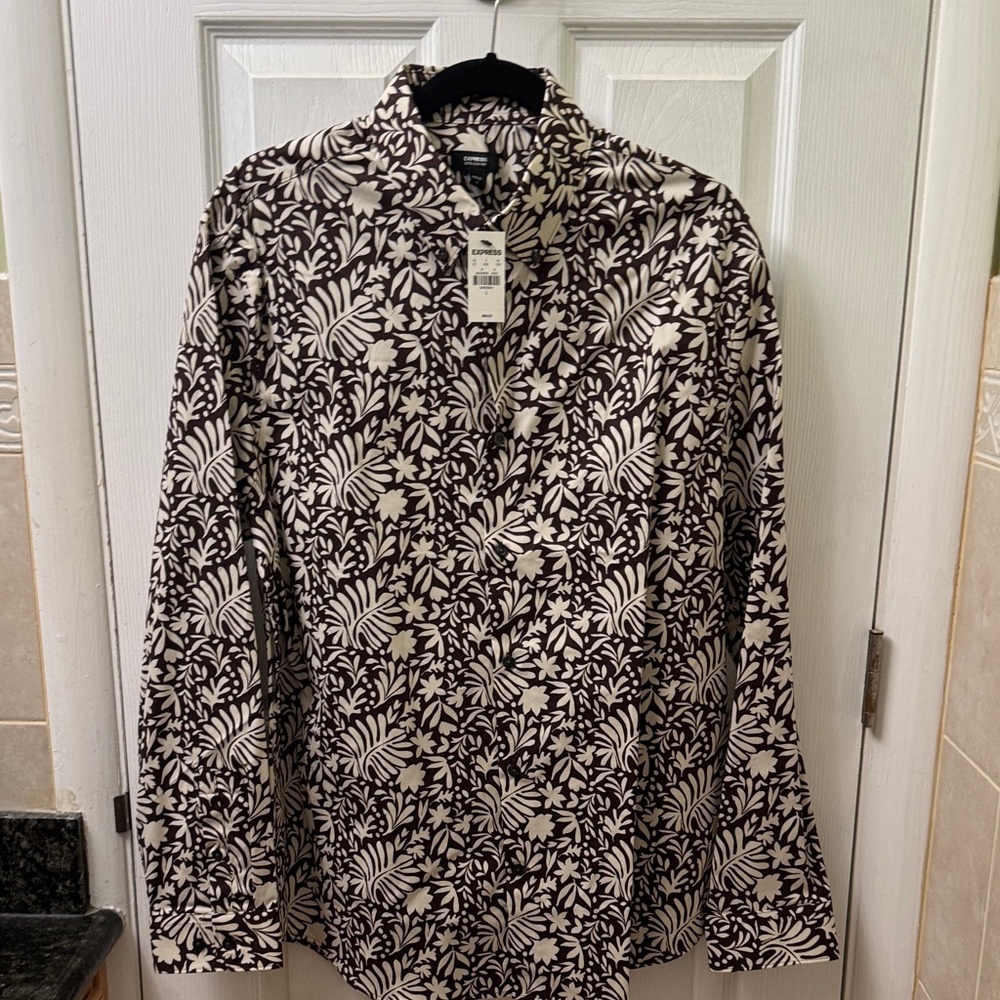 Express Black and White Leaf Print Men's Shirt